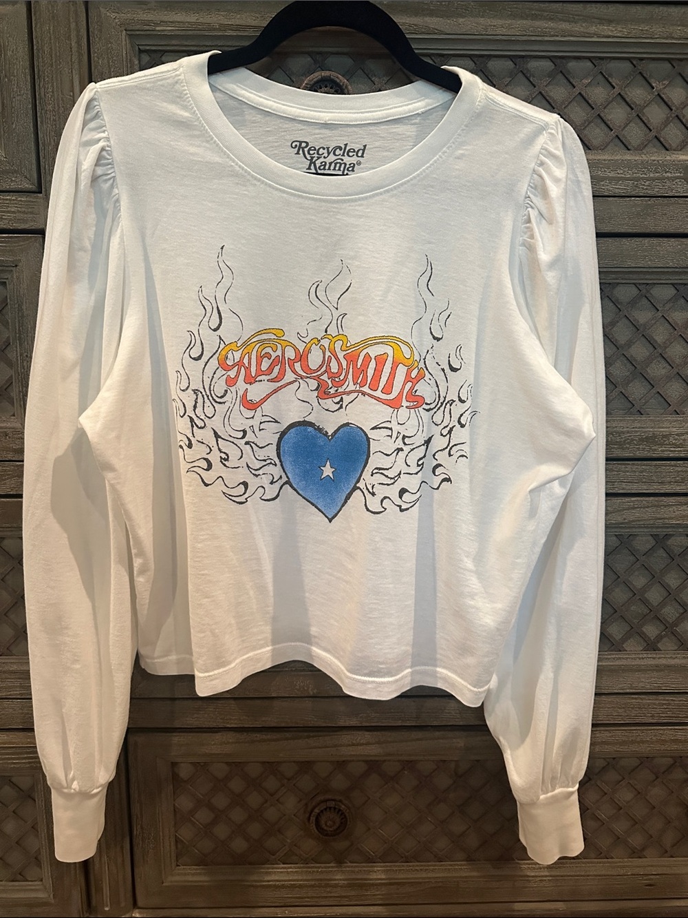 Recycled Karma White Long Sleeve Cropped Grsphic Tee - Aerosmith